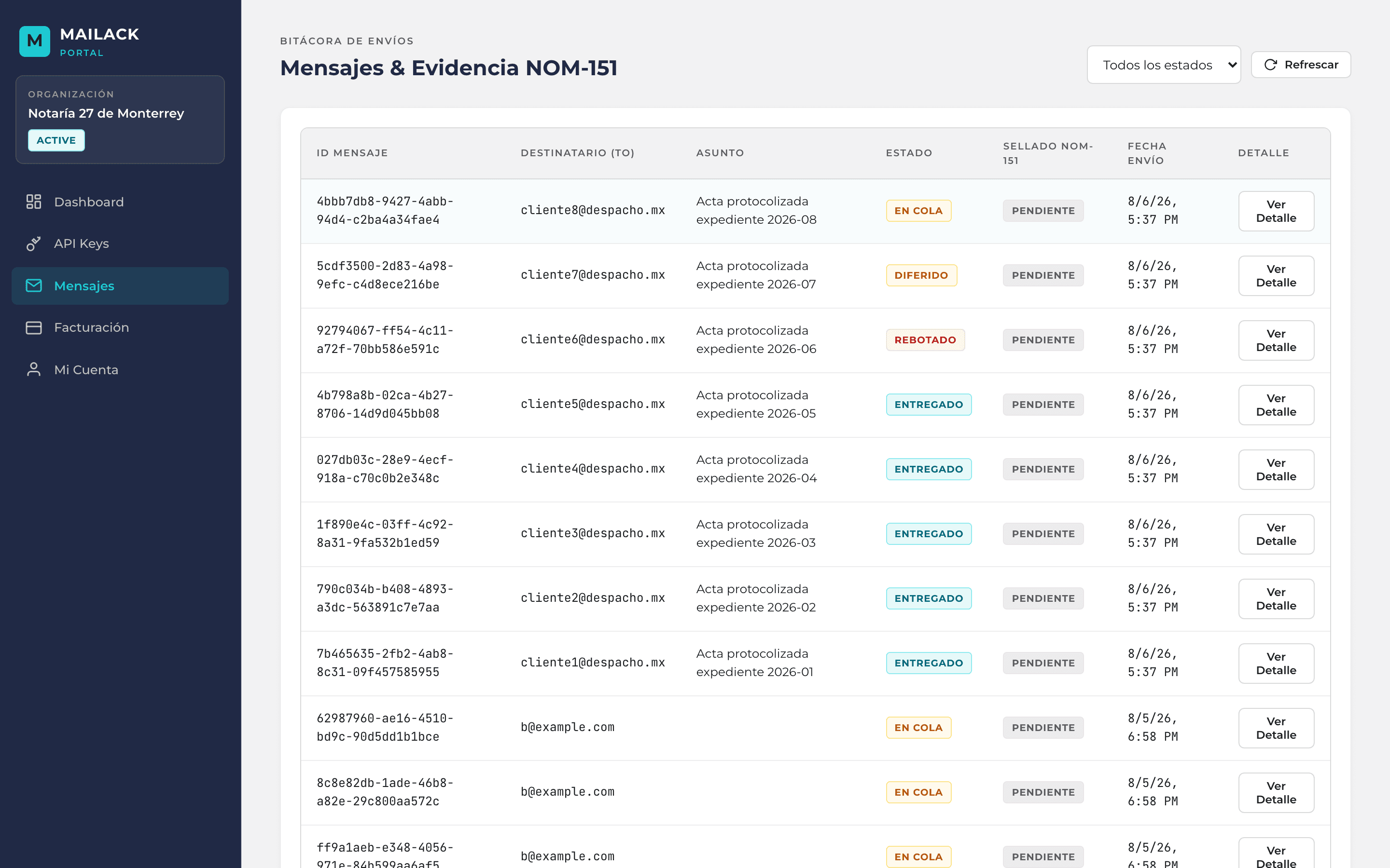 Detalle de un mensaje en el portal de Mailack con la línea de eventos y la descarga de evidencia y proof bundle
