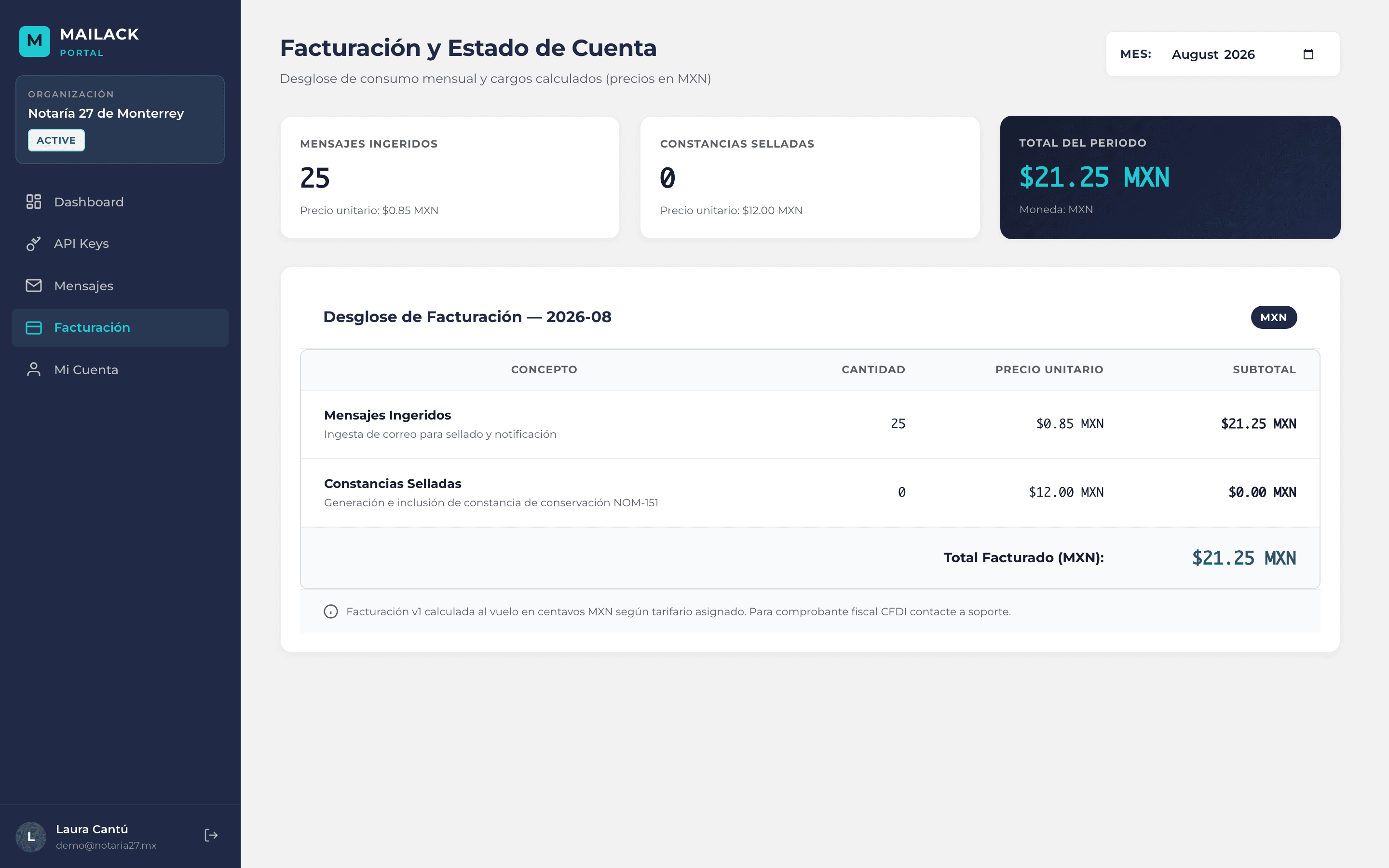 Statement mensual de facturación en el portal de Mailack con el desglose de mensajes y constancias en pesos mexicanos