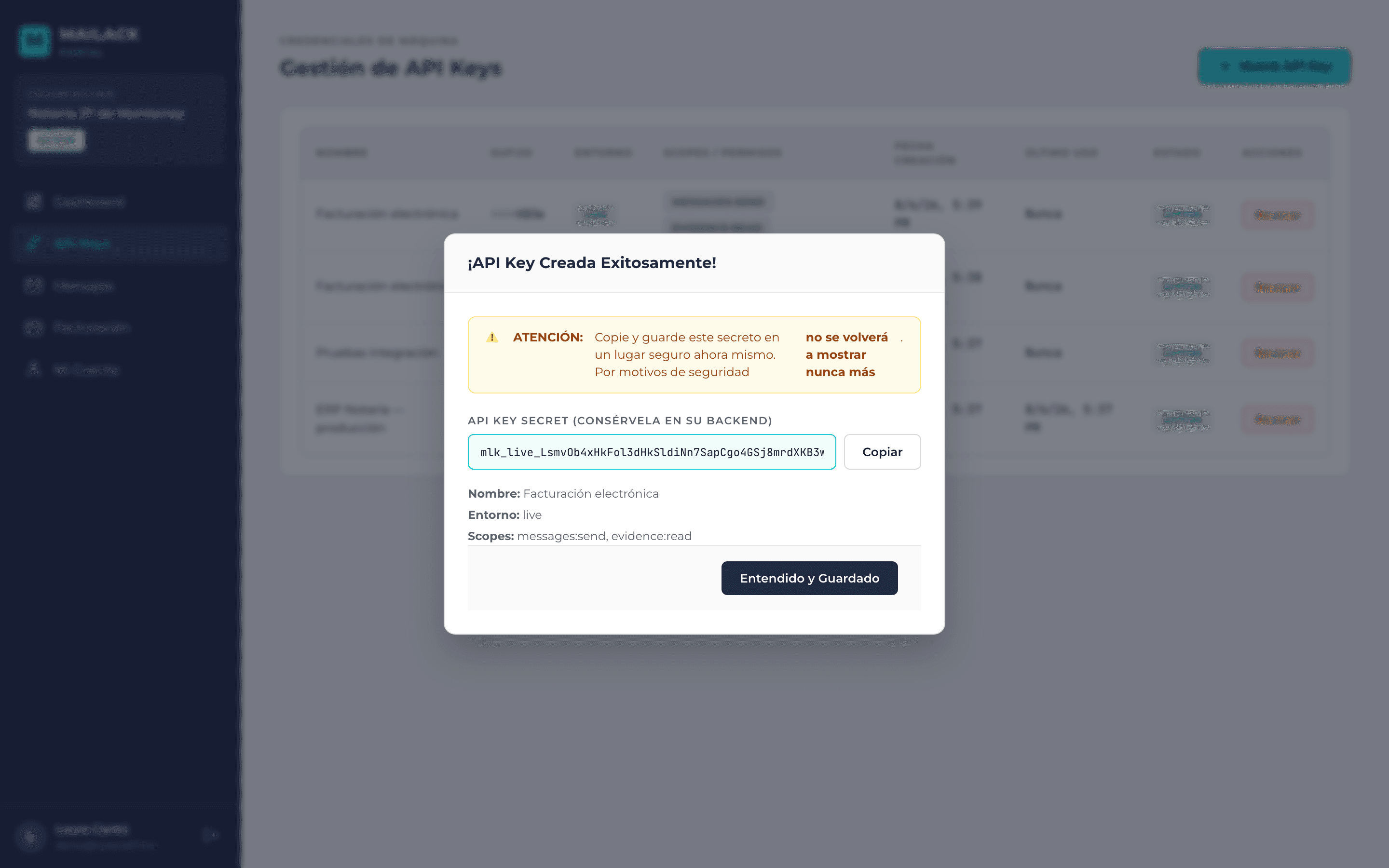 Modal del portal de Mailack mostrando el secreto de una API key recién creada, visible una sola vez