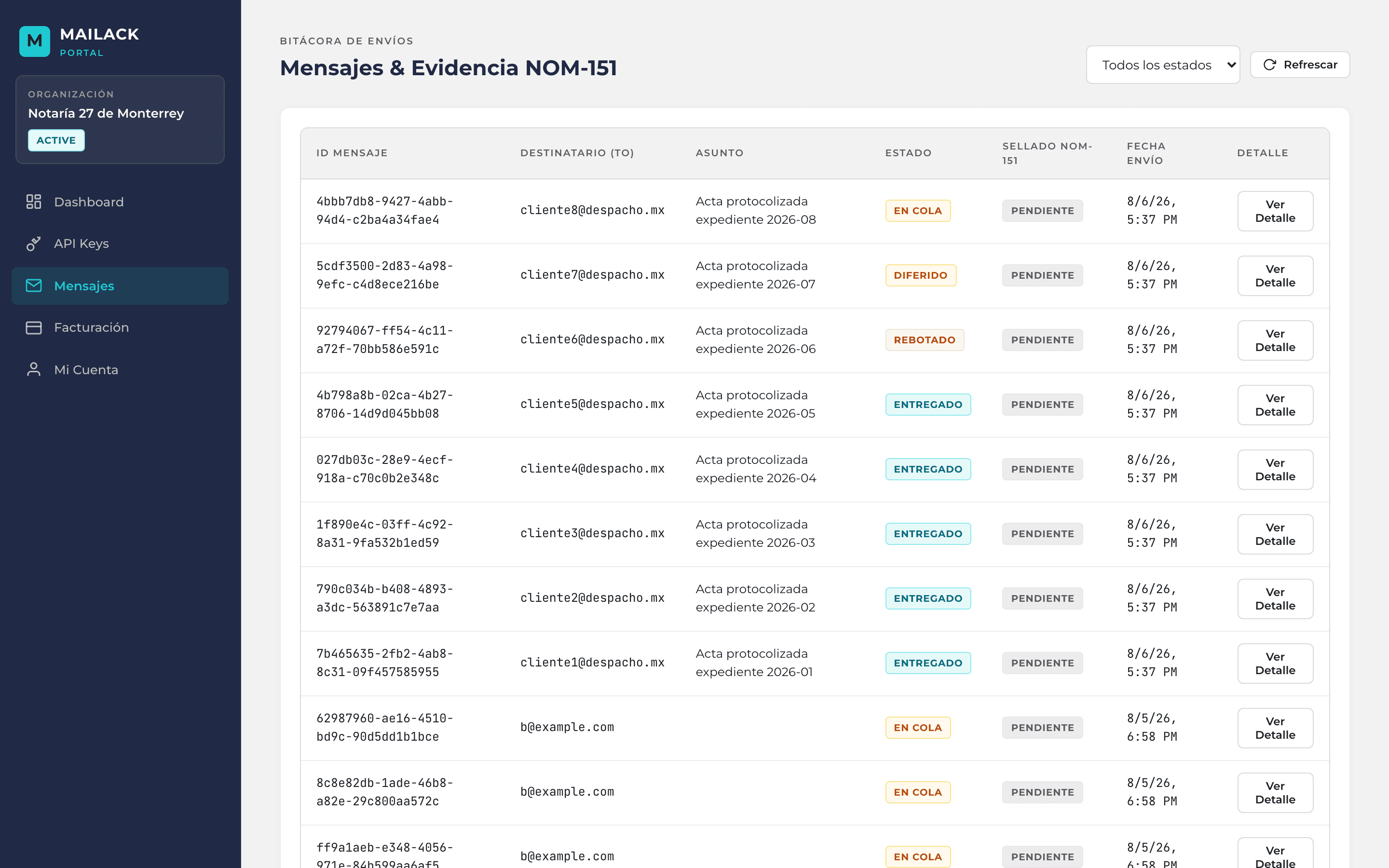 Listado de mensajes del portal de Mailack con sus estados de entrega